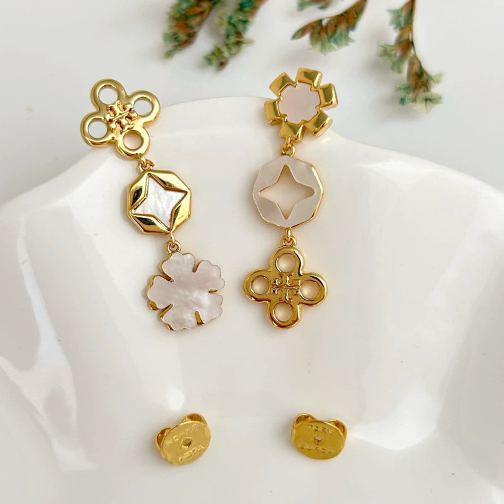 Tory Burch Mother of Pearl Clover Asymmetrical Stud and Drop Earrings